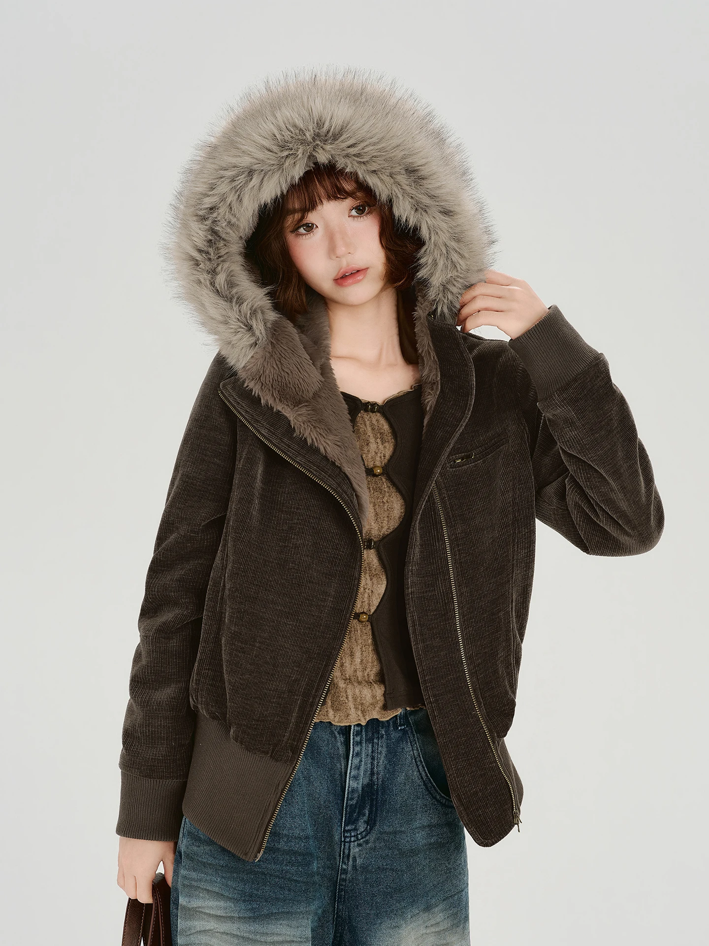 

Girly Deep Brown Fce Lined Thi Jaet New 2025 Winter Casual Sle Zipper Closure Women's Coat Long Sve Hooded