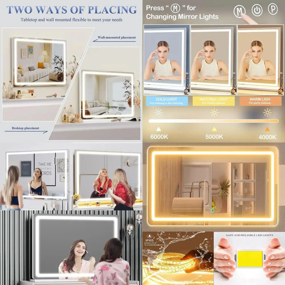 مرآة مكياج مضاءة بإضاءة LED مقاس 26 × 20 مع تكبير 10 مرات، شحن USB، 3 أوضاع قابلة للتعتيم، زاوية مربعة للتحكم باللمس #1