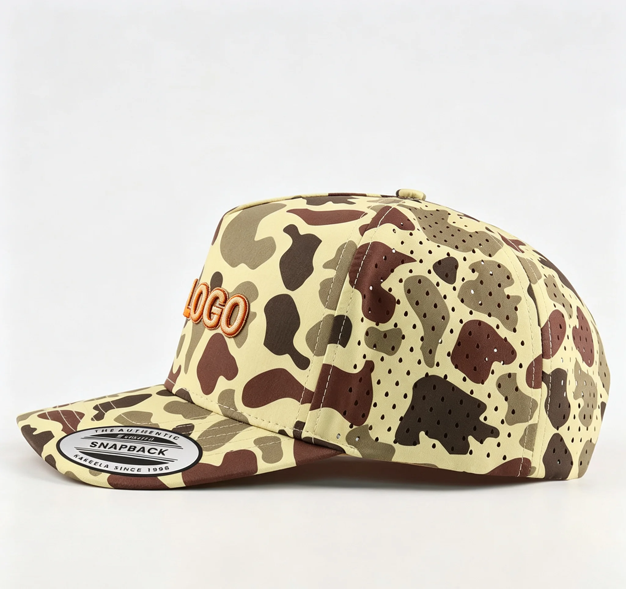 Unisex Premium Golf Hats 5 Panel Waterproof 3D Embroidery Camouflage Design 100% Polyester Teardrop Detail