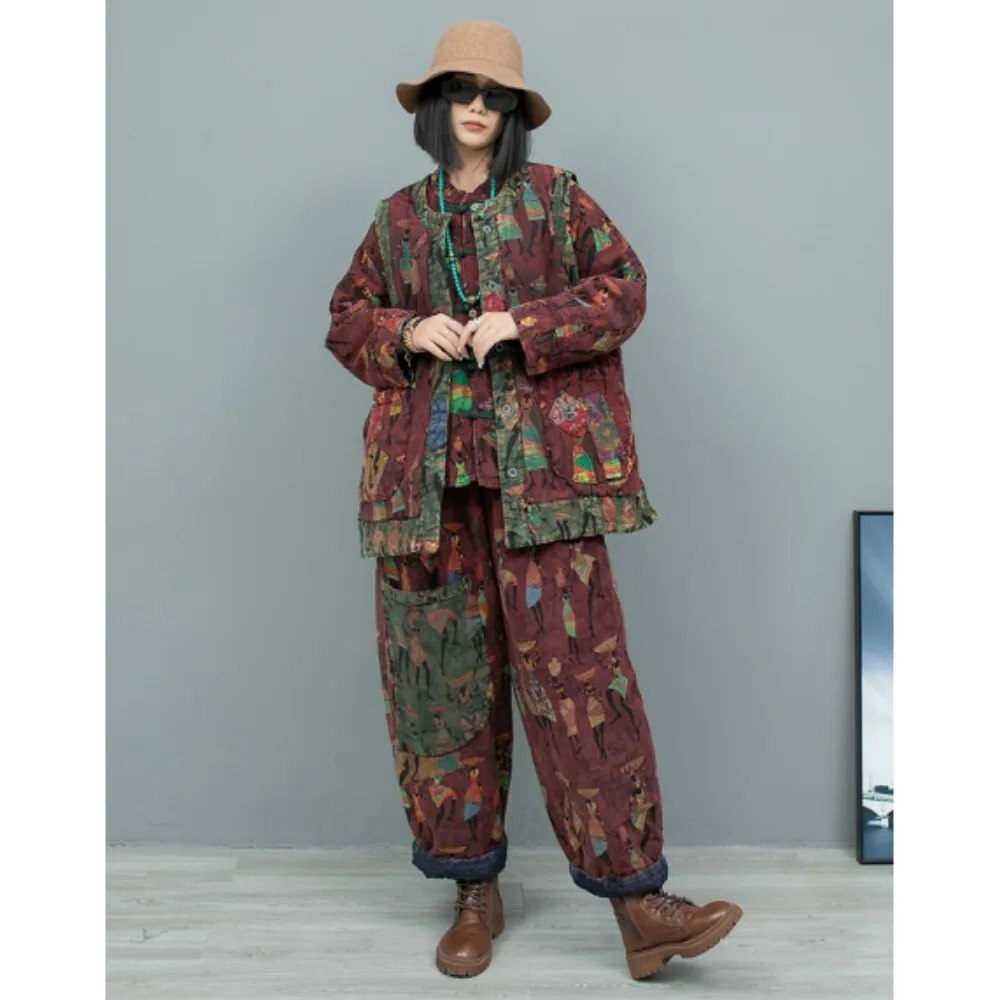 Printed Linen Jacket With Cotton + Thick Vest + Long Pants Three Piece Set Women Winter Fashion Pant Set ZF416