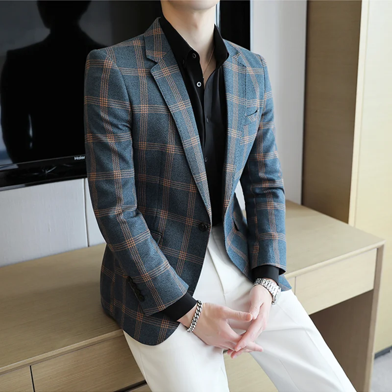 Business Slim Fit Mens Plaid Blazer Jacket 2022 Spring Autumn Casual Blazers For Men Elegant Dress Suit Jacket Plus Size 5XL-S