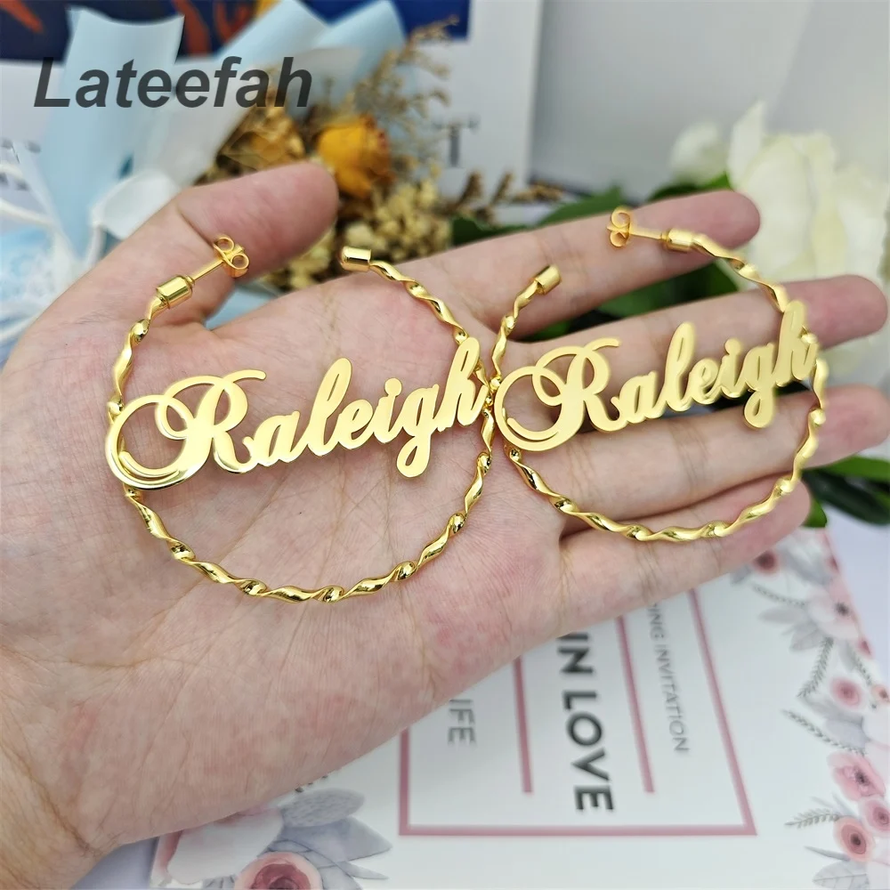 

Lateefah Fashion Jewelry Customized Stainless Steel Earring Letter Name Earring Large Nameplate Earrings Twisted Earring Hoop