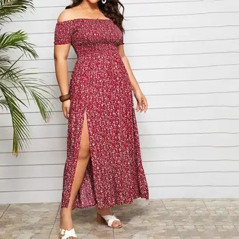 Abito lungo taglie forti Abito lungo con cuciture fini avvolte sul petto elastico Abito lungo con spalle scoperte stile Boemia