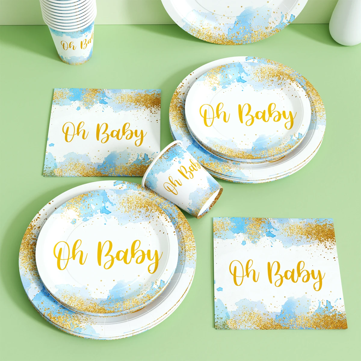 Blue Gold Watercolor Party Tableware Set 96Pcs Disposable Paper Plates Cups Napkins for Baby Shower Gender Reveal Decoration - view 5