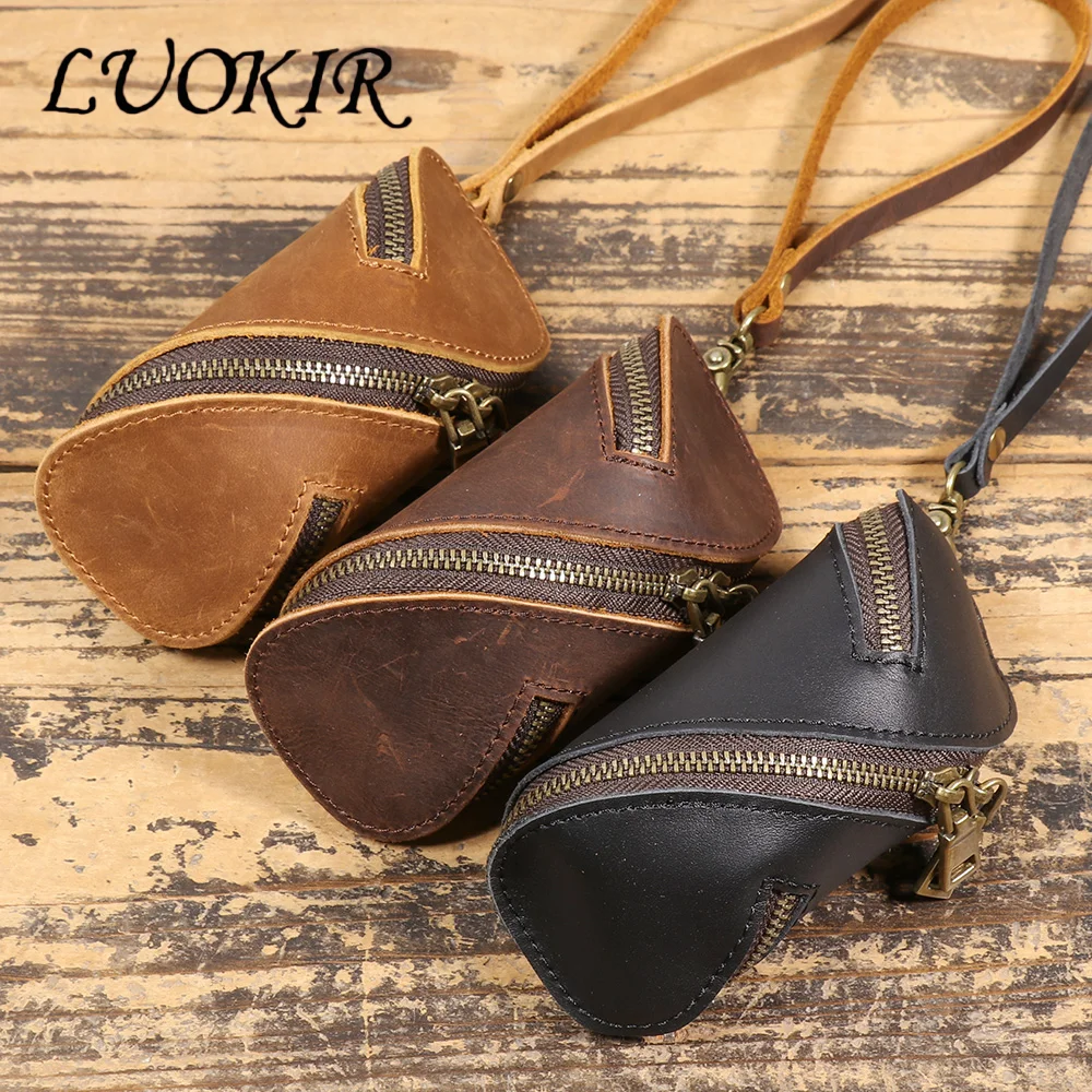 

LUOKIR Creative Top Layer Leather Key Bag Pure Crazy Horse Cowhide Carry Mini Pouch Zipper Car Key Coin Purse