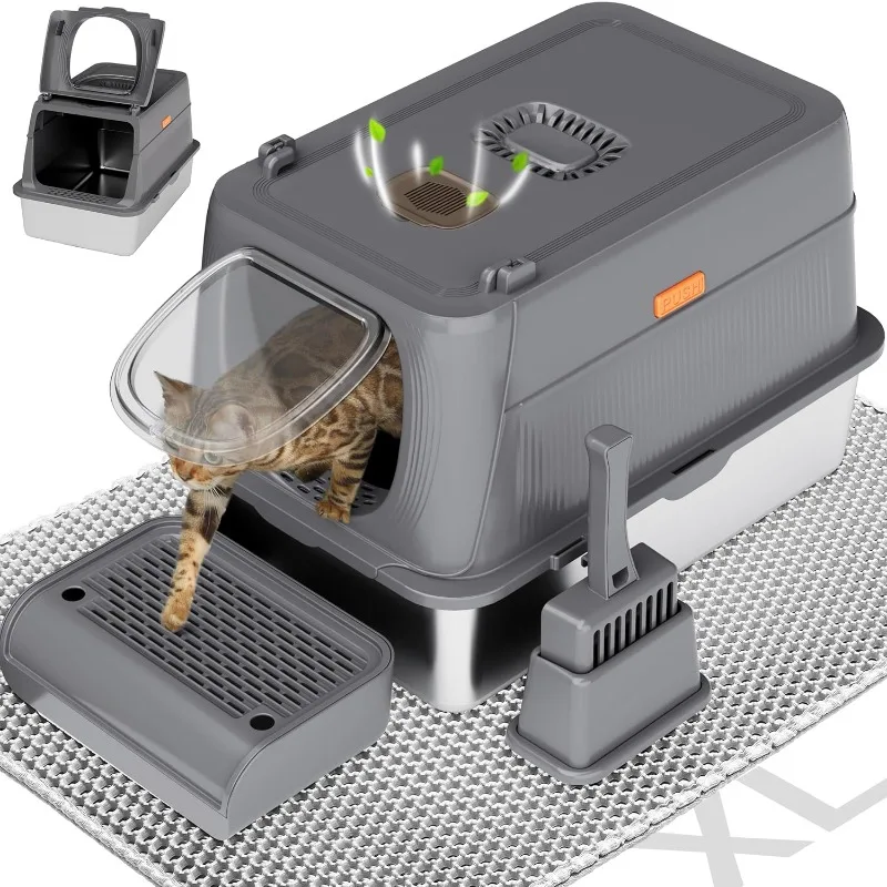 

Stainless Steel Cat Litter Box with Lid,XL Extra Large Enclosed Removable Metal Litter Box with Litter Scoop&Double Lay