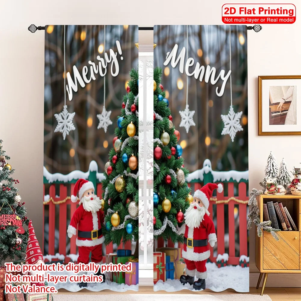 

2pcs 2D flat printing Merry Christmas Popular Curtains Merry Christmas Santa Tree 100% Polyester Without Electricity 0 Use for