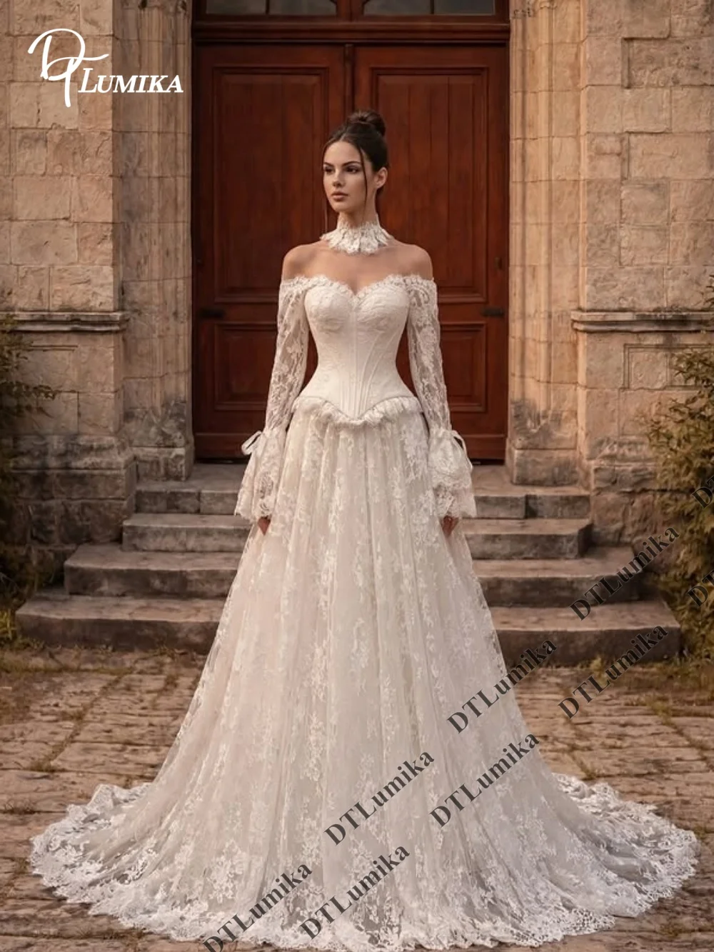 Gothic Vintage Lace Wedding Dress High Neck Choker Corset Bridal Gown Victorian Style A-Line Wedding Dresses with Bell Sleeves
