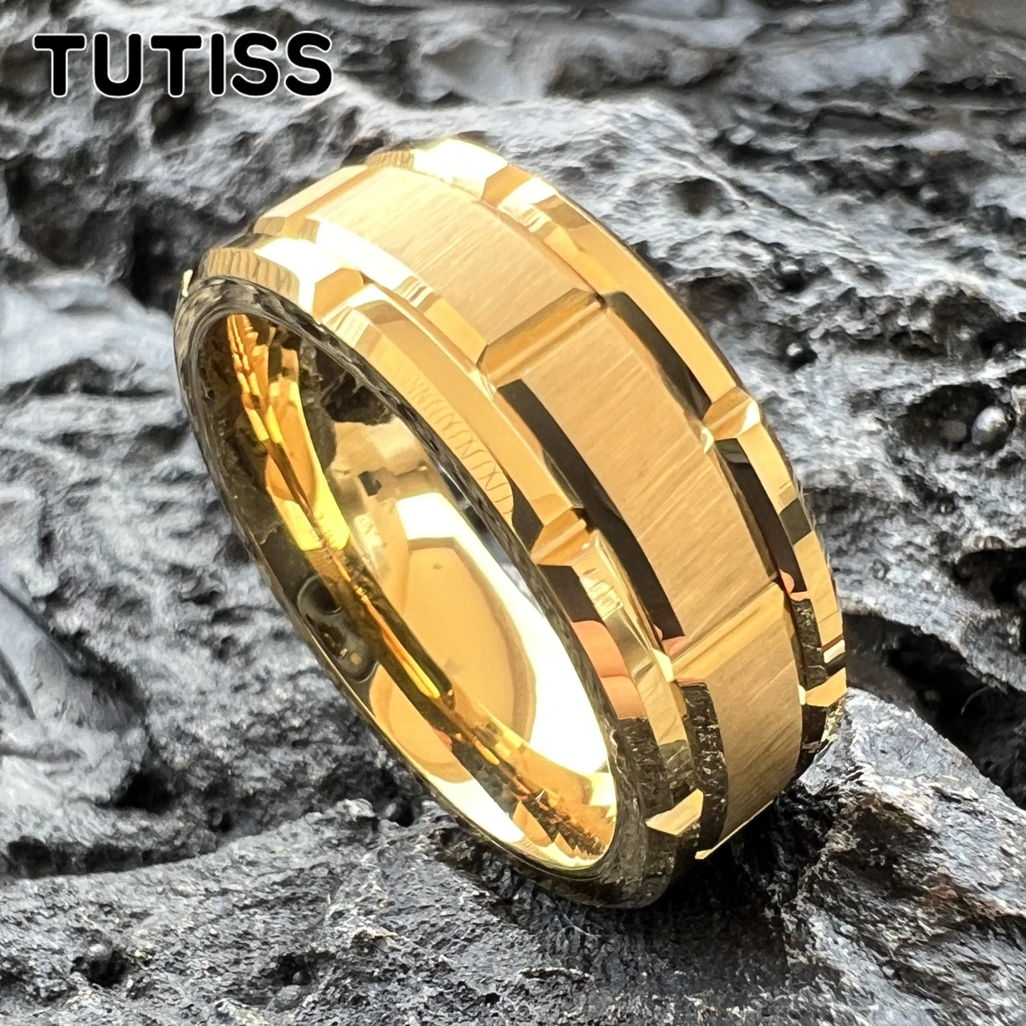 TUTISS Brick Pattern Ring 8mm Cool Men Women Tungsten Wedding Band Grooved Brushed Beveled Finish Size 6-13 Stocks Available