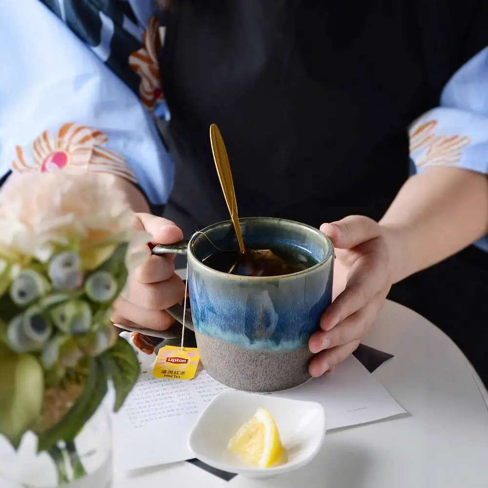 

Yao Bian Ceramic Mug for Home and Office, Blue Glaze Retro, 350ml, Single Handle Heat-Resistant Cup" }undefined