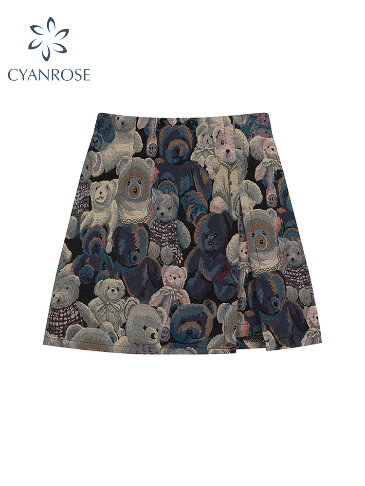 Women Harajuku Bear Pattern Skirts Korean High Waist A-Line Falda Mujer Vintage Jacquard Cartoon Streetwear Trendy Female Skirt