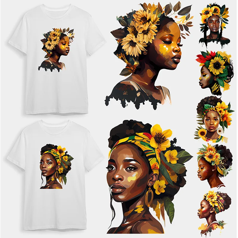 

Iron Sticker Patch For Clothing Black Girl Sunflower Flowers DIY Women's T-shirt Hoodie Beautiful Patch Washable Application