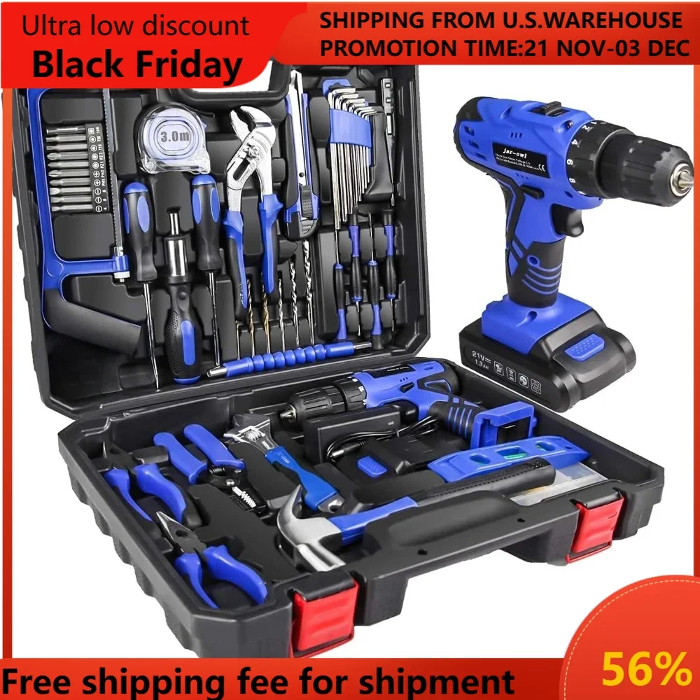 21V Tool Set with Drill, 350 in-lb Torque, 0-1350RMP Variable Speed, 10MM 3/8'' Keyless Chuck, 18+1 Clutch, 1.5Ah Li-Ion