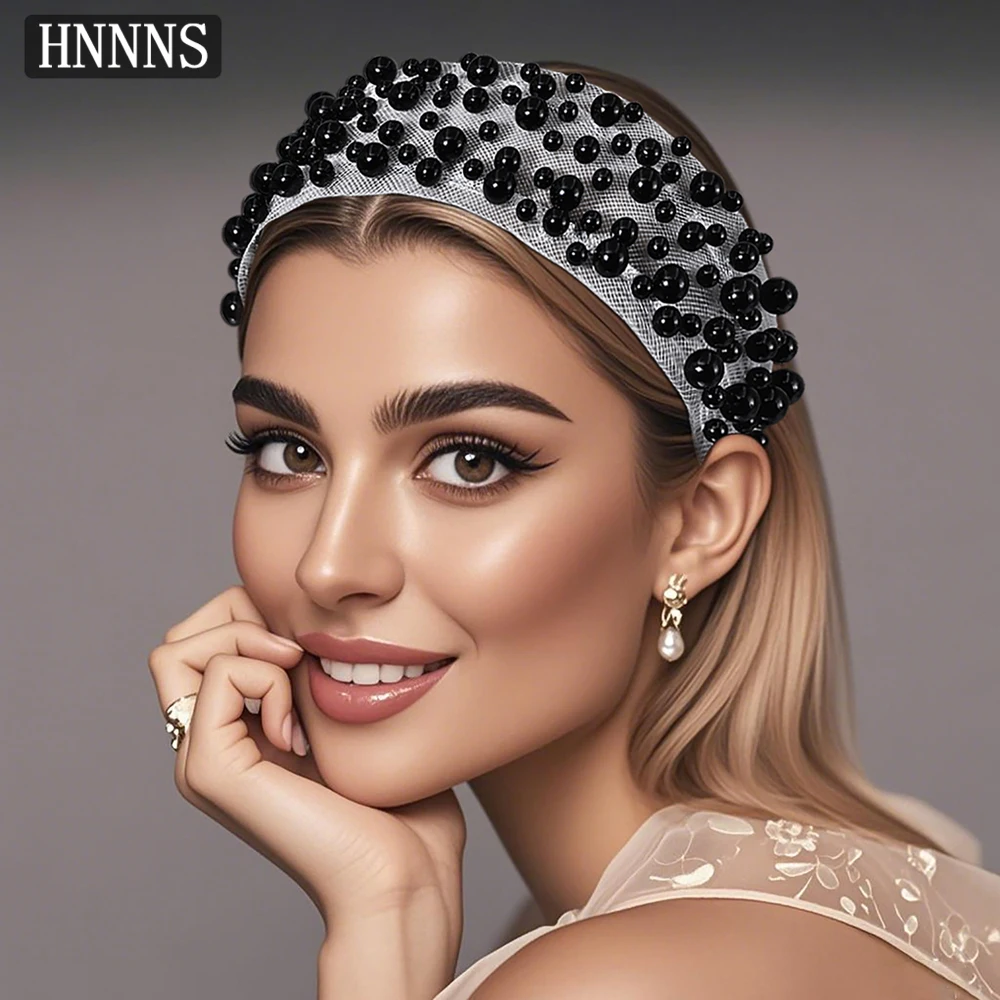 

HNNNS Black Pearls Charm Headdress Fashion Ladies Wide Hair Band Holiday Party Dress Up Accessories Simple Daily Jewelry A296