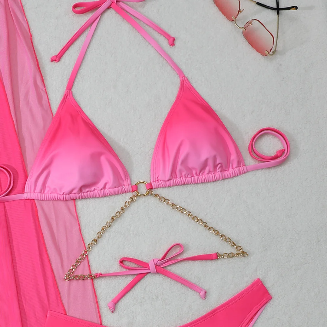 Sexy mit Überwurf, Farbverlauf, Neckholder-Bikini, Damen-Badeanzug, dreiteiliges Bikini-Set, Damen-Bademode, Badeanzug, Badebekleidung, Schwimmbekleidung V5369 – Detail 28