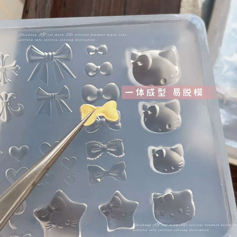 Kawaii 3d olá kitty esculpido molde de arte de unha adesivo y2k cabeça de gatinho bownot cruz coração design unhas estênceis decalques diy ferramentas de unhas