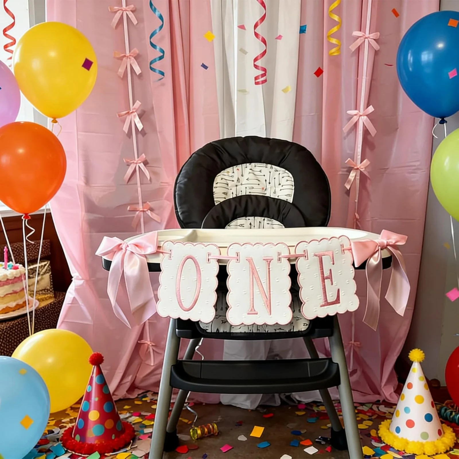Rosa und Weiße Schleife ONE Hochstuhl-Banner für Mädchen Erster Geburtstag Hochstuhl-Dekoration Sweet One Rosa Schleife 1. Geburtstag Dekorationen – Detail 6