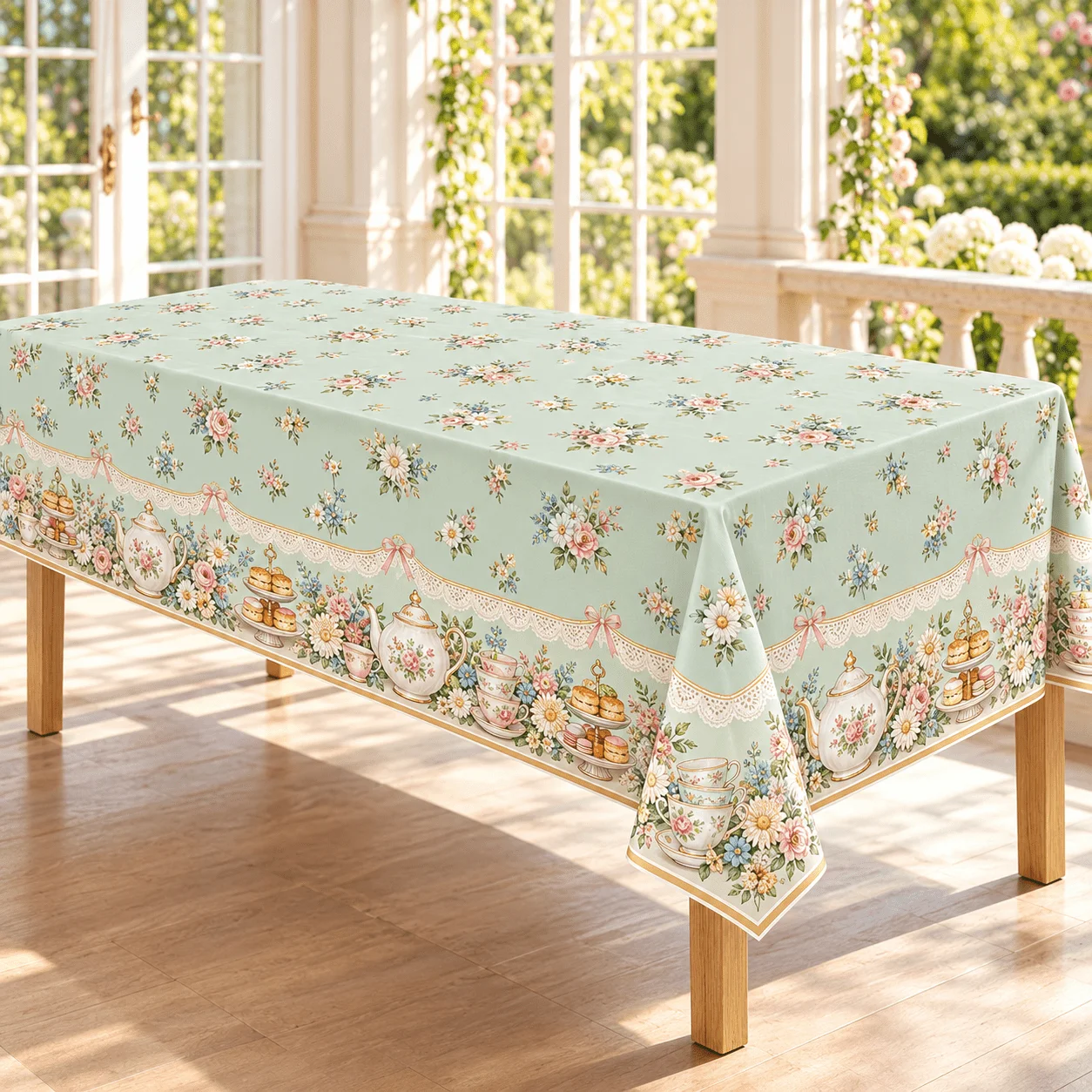 1 rectangular tablecloth, polyester material, bring the garden afternoon tea home!