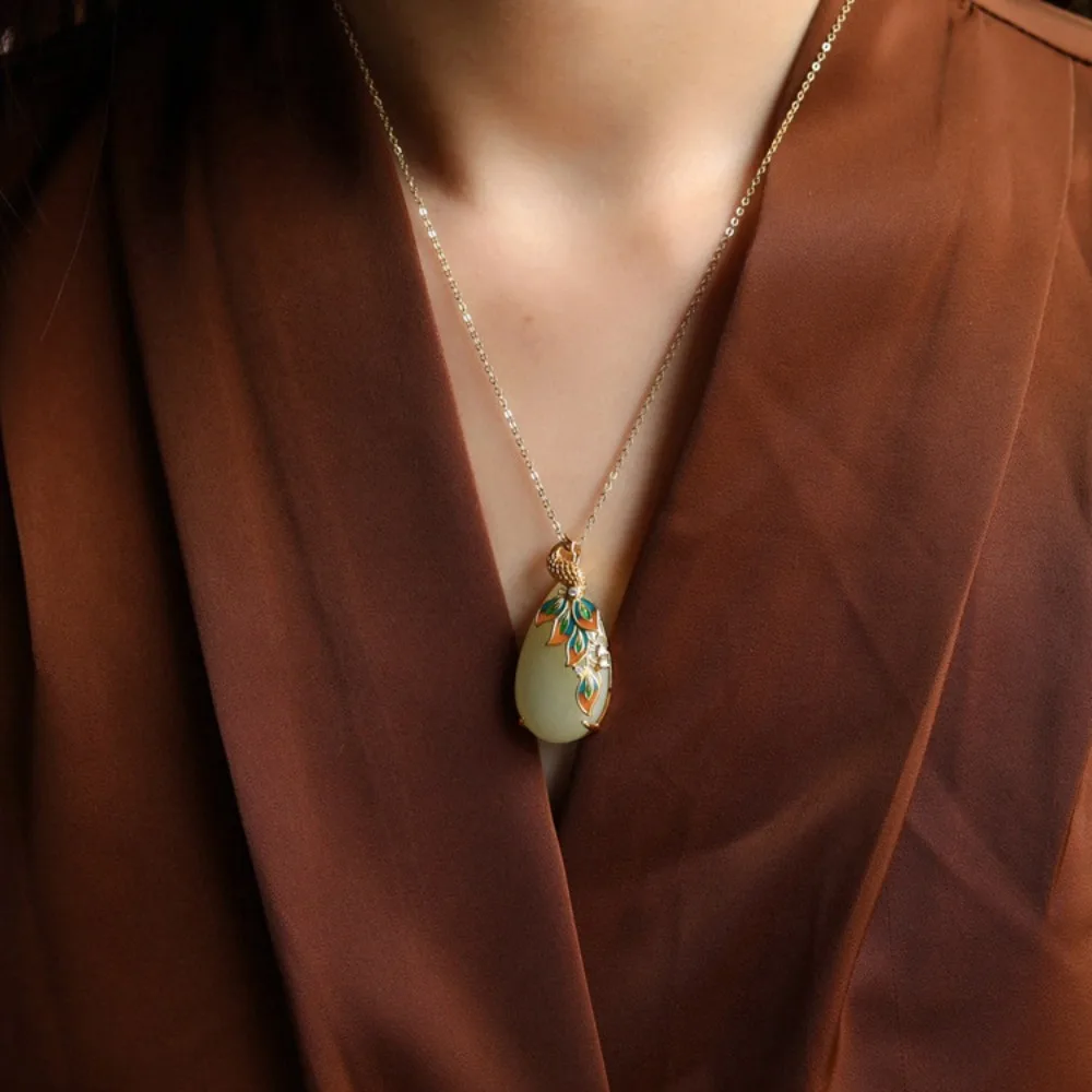 Style ancient method white jade necklace 9999gold