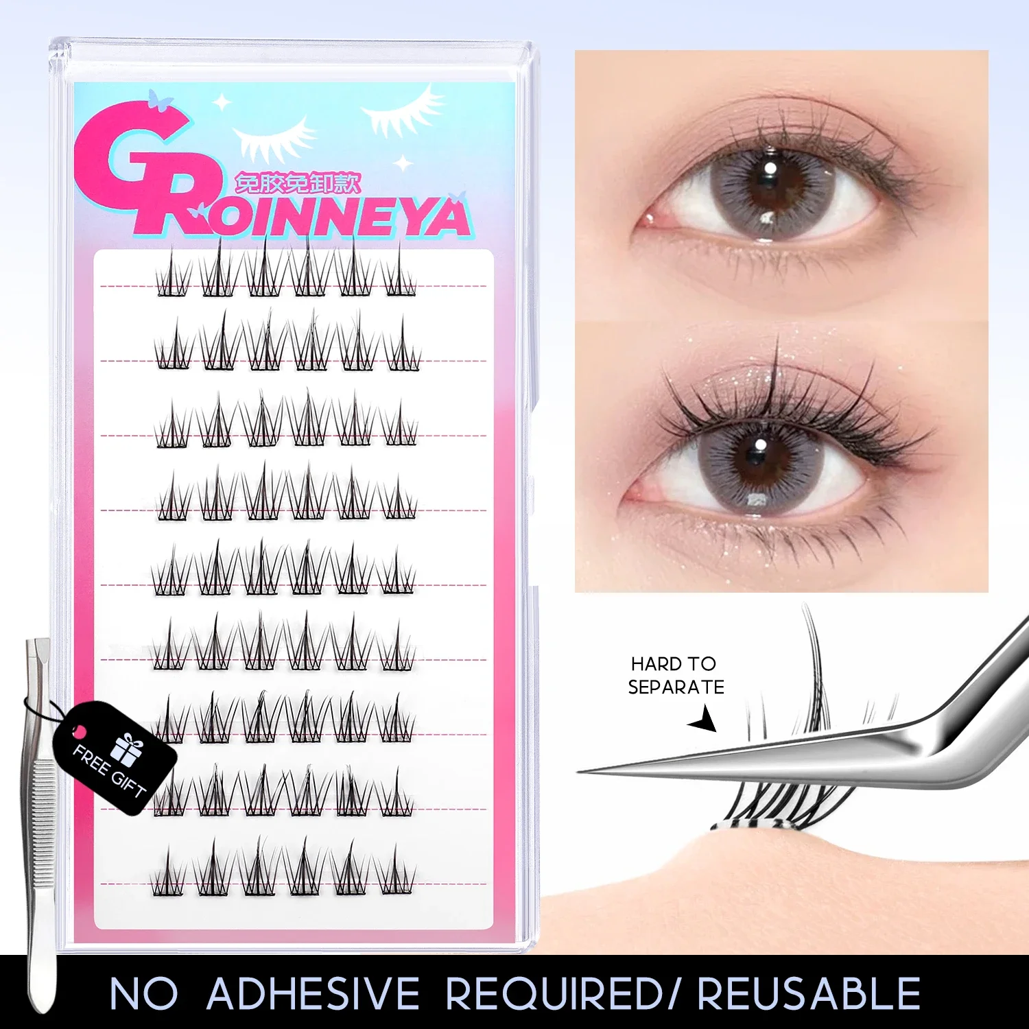 GROINNEYA Kleberfreie Cluster-Wimpern, selbstklebend, kein Entfernen erforderlich, wiederverwendbar, natürliches Manga-Wimpern-Make-up
