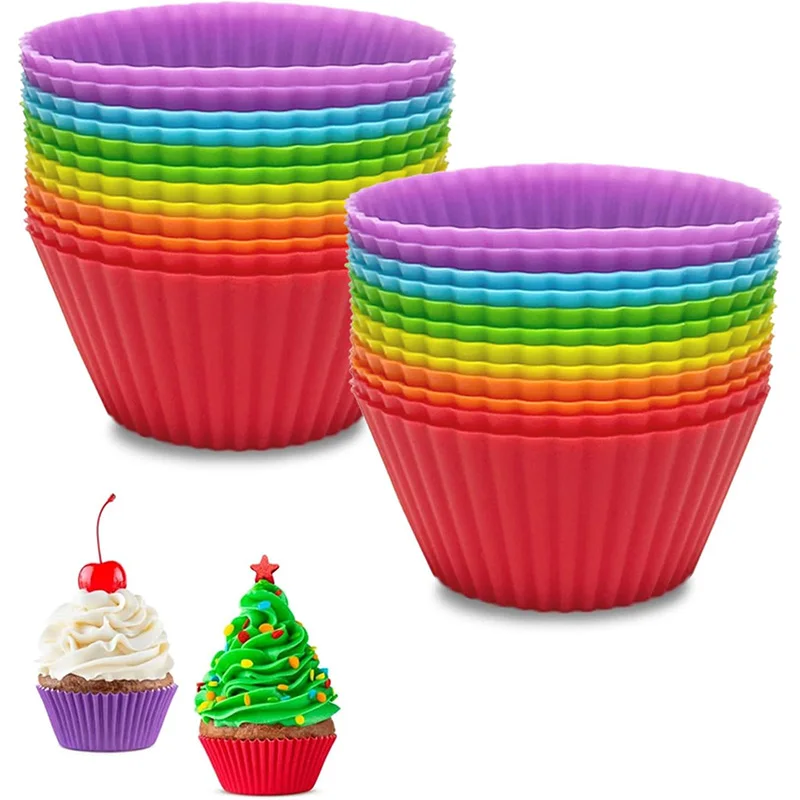 12 Pack Silicone Baking Cups Round 2.75 inches Cups Reusable Muffin Liners BPA Free Non-stick Multicolor Cake Cup Mold Set