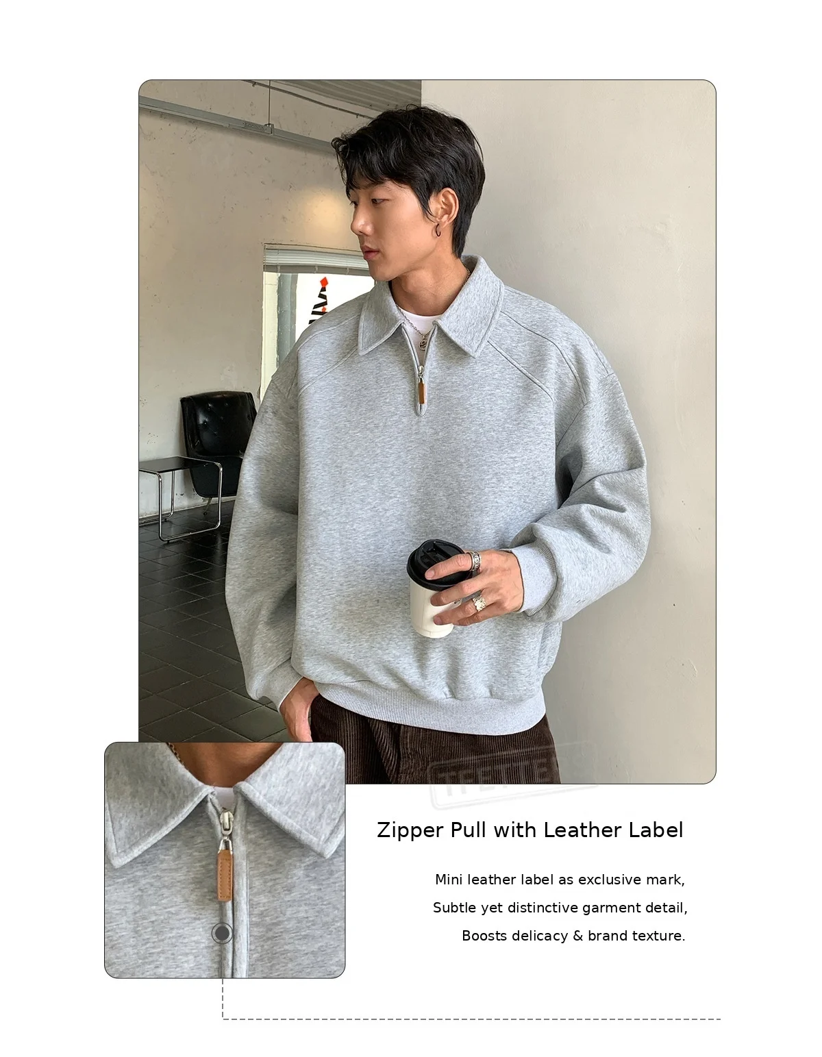 TFETTERS Eu Size 2026 Men Half Zip Collared Sweatshirt Autumn Heather Gray Pullover Loose Fit Casual Daily Long Sleeve Sweat Top