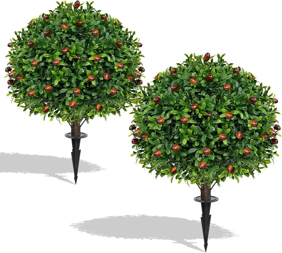 

Artificial Olive Boxwood Topiary Ball Trees,2 Set of 16'' UV Resistant Fake Evergreen Shrubs Bushes Plants with Ground Spike, Fa