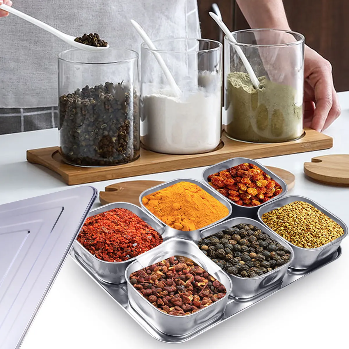 

6-секционная кухонная коробка для специй из нержавеющей стали, банки для приправ с крышкой, соль, сахар, перец, контейнер для приправ, организованное хранилище
