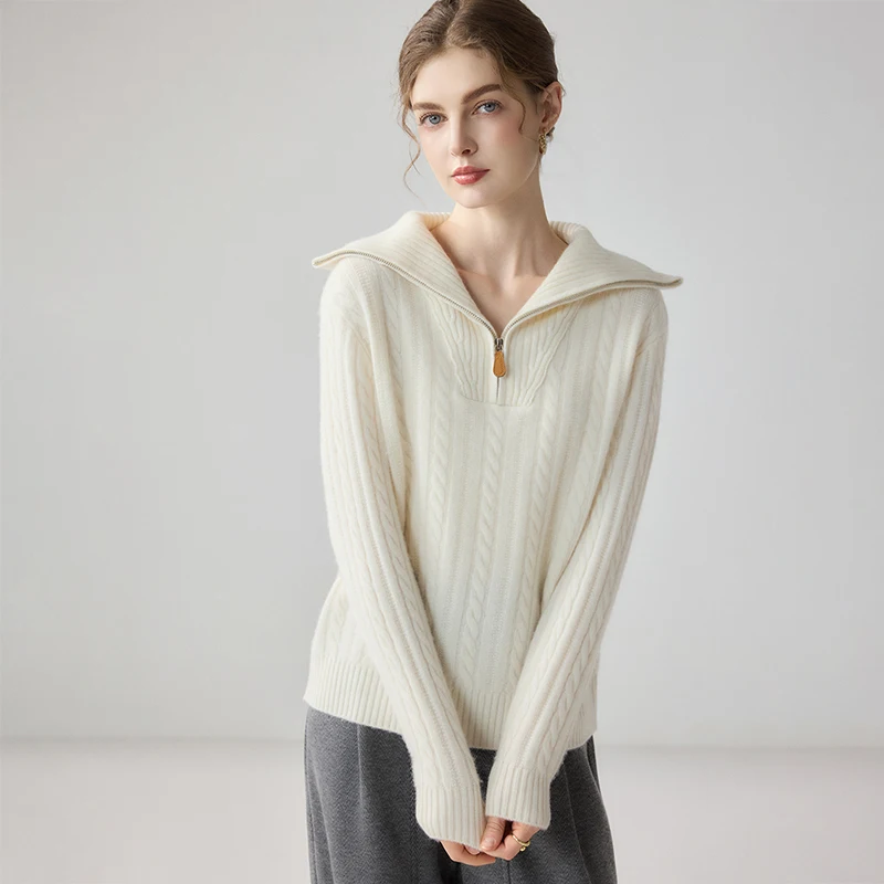 Autumn Winter Thick Women 100% Premium Cashmere Half-Zip Turn Over Collar Cable Jacquard Sweater Casual Versatile Daily Commute