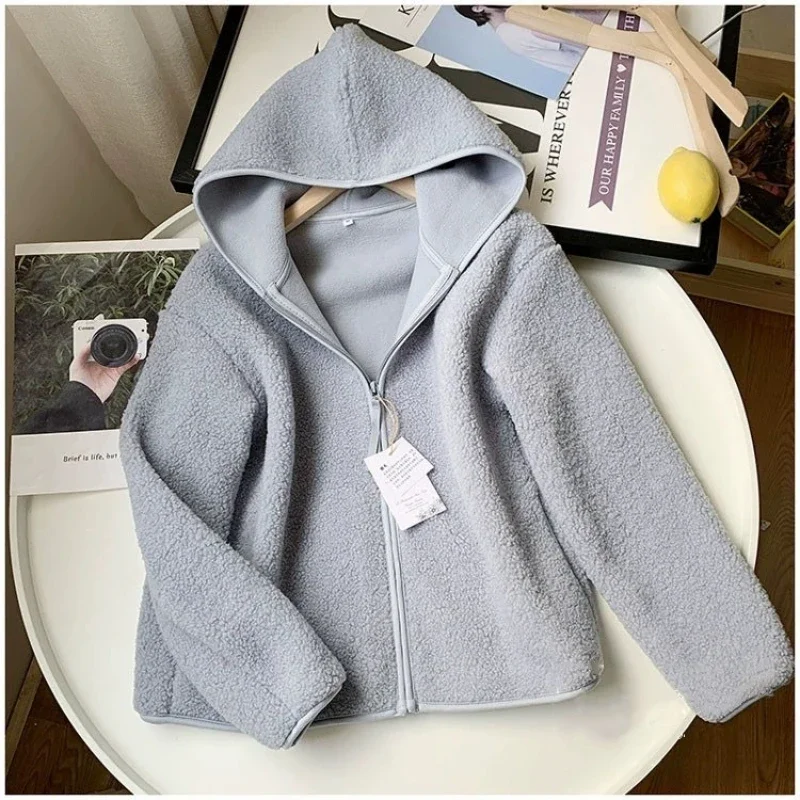 Autumn Winter Long Sleeves Jackets for Women Faux Lamb Fur Loose Zipper Hooded Jacket Solid Color Polar Fleece Coat Women