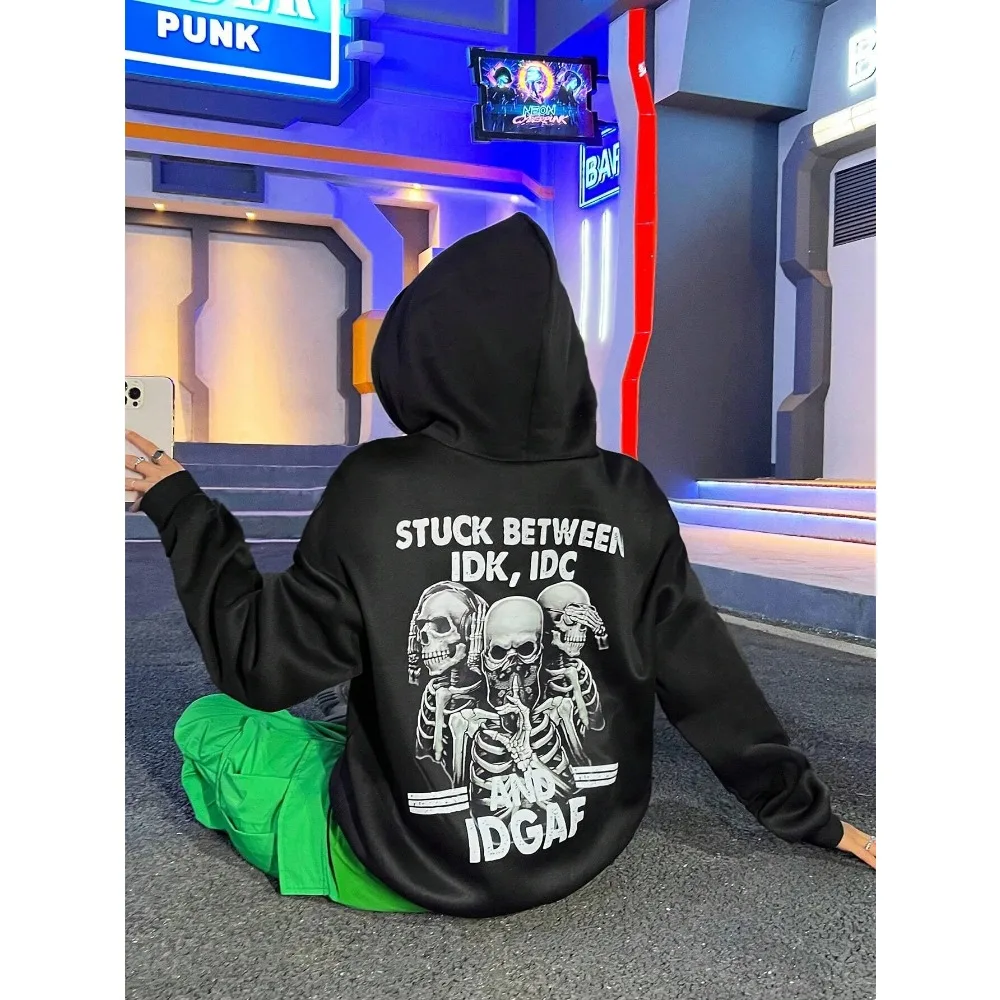 

Trendy Skull Print Hoody Female Fashion Hip Hop Street Crewneck Sweatshirt Vintage Oversize Hooded Loose Casual Sportswears