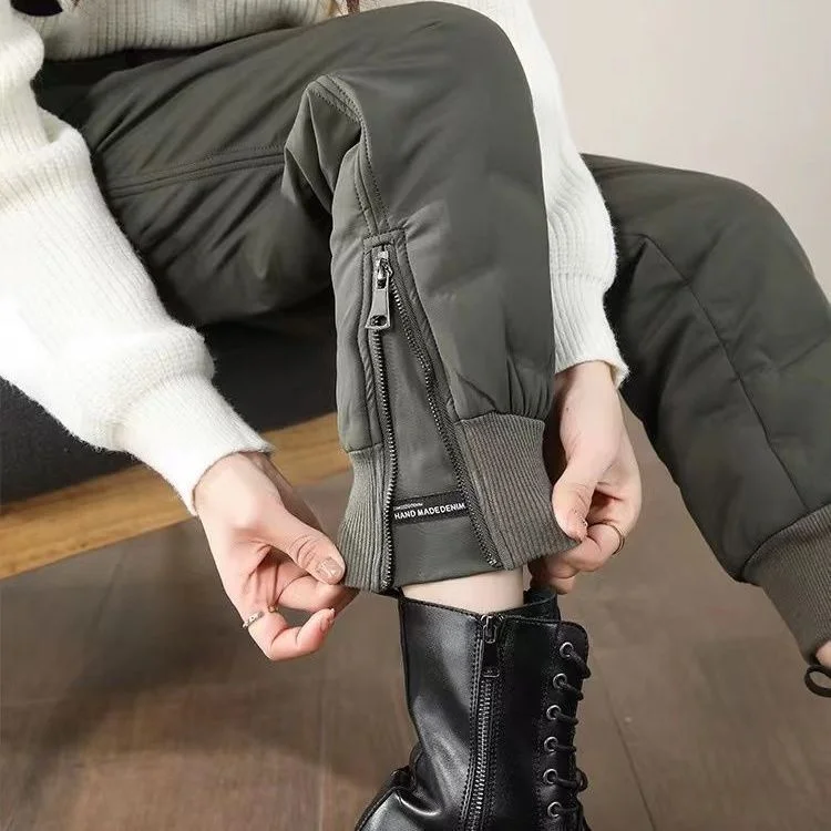 

Утепленные хлопковые брюки с высокой талией, прямые, длиной 7/8, из полиэфирного волокна, зимние теплые брюки для женщин