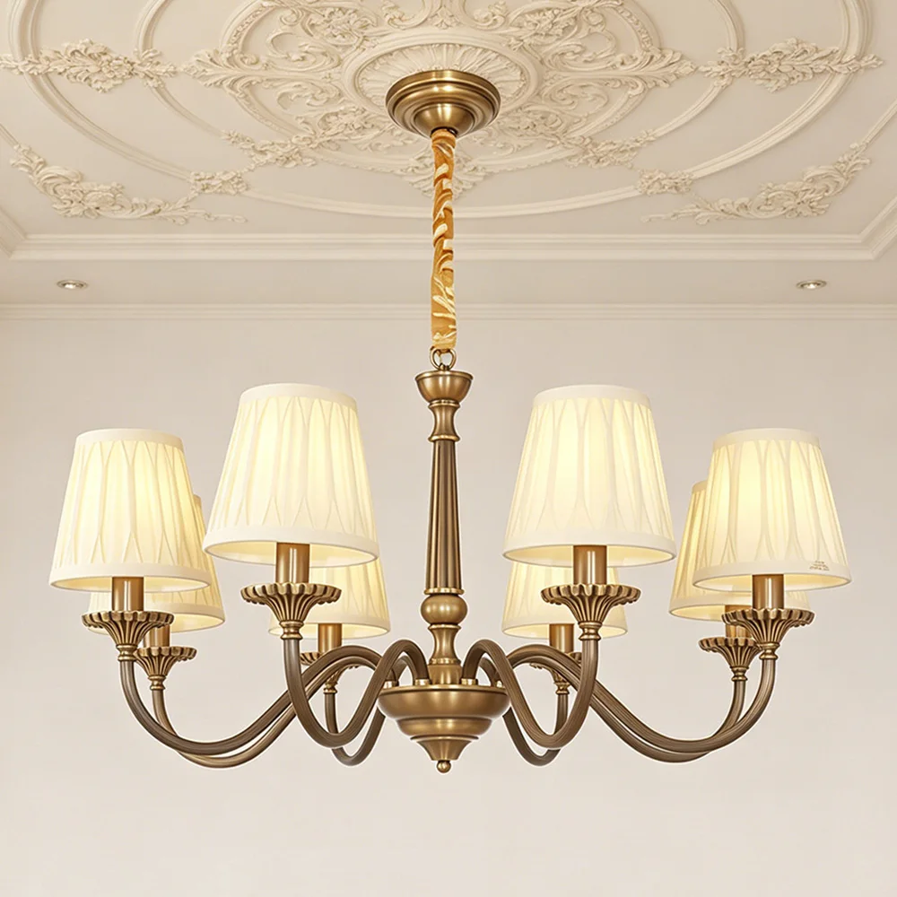

Retro Brass Chandelier With Pleated Fabric Shades For Living Room Bedroom