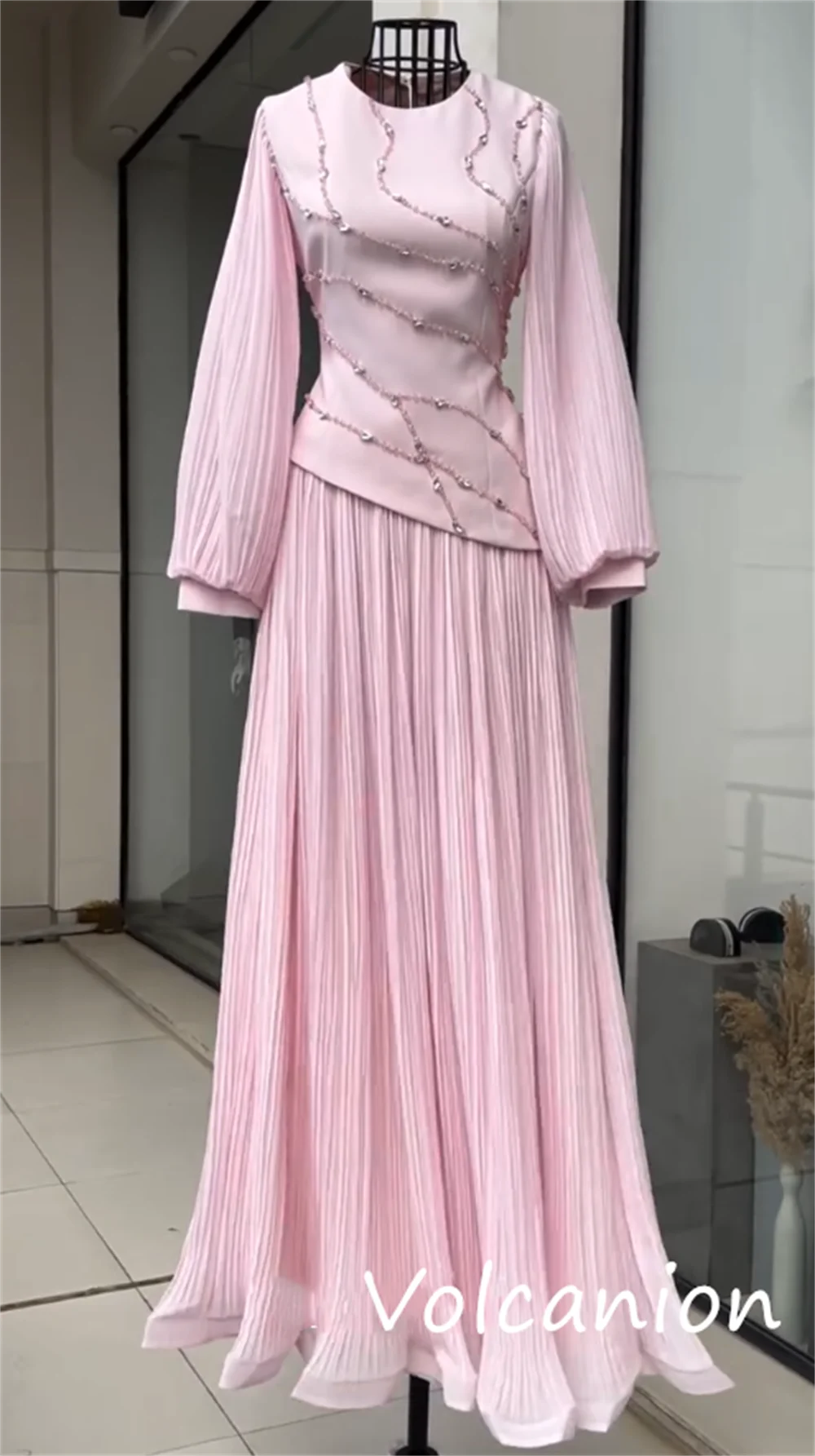 Customized High Quality Jersey Sequined Pleat A-line Scoop Neck Long Dresses Bespoke Occasion Elegant