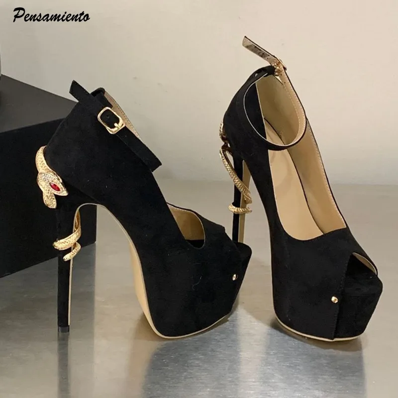 

Runway Style 2026 Summer Fashion Gold Snakelike Decor Women Pumps Sexy Peep Toe 16cm High heels Platform Wedges Party Shoes
