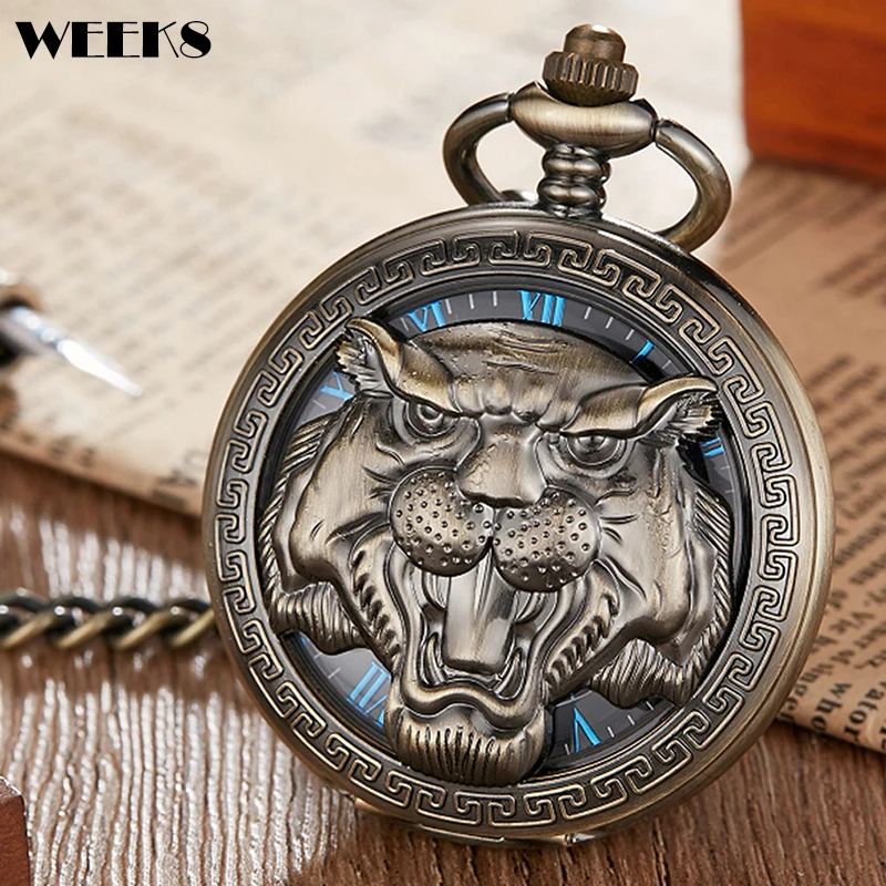 Tiger Lion Mechanical Clock Vintage Male Pocket Watch with Fob Chain Steampunk Hanging Watches for Men Chinese Zodiac Pendant