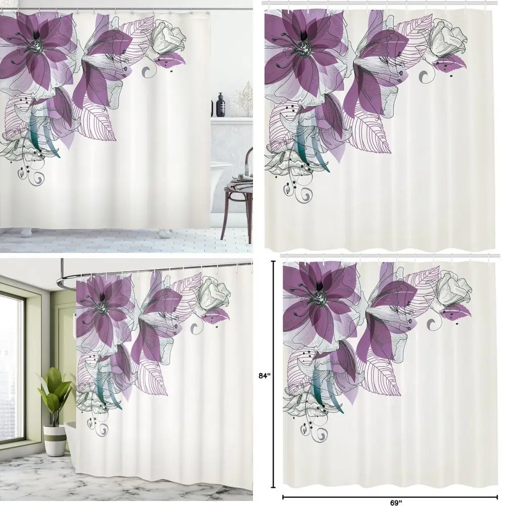 

floral shower curtain with buds and leaves, celebratory season theme, fabric bathroom decor