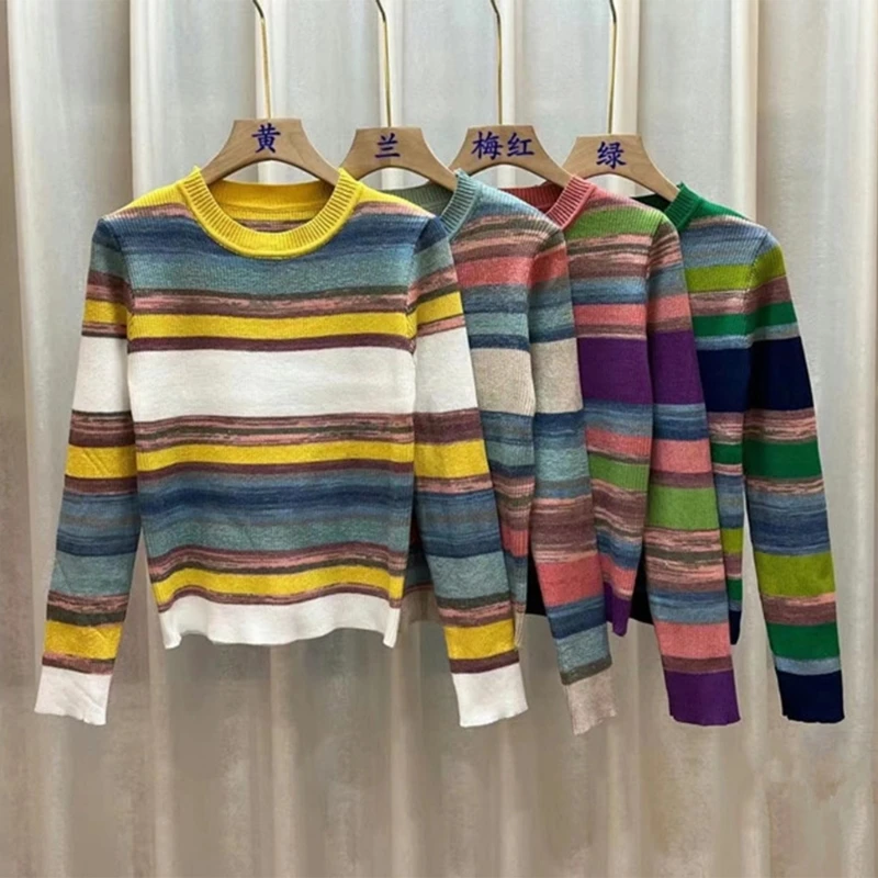 Womens Long Sleeve Round Neck Knitted Slim Top Rainbow Colorful Striped Basic Bottoming Pullover Sweater T Shirts