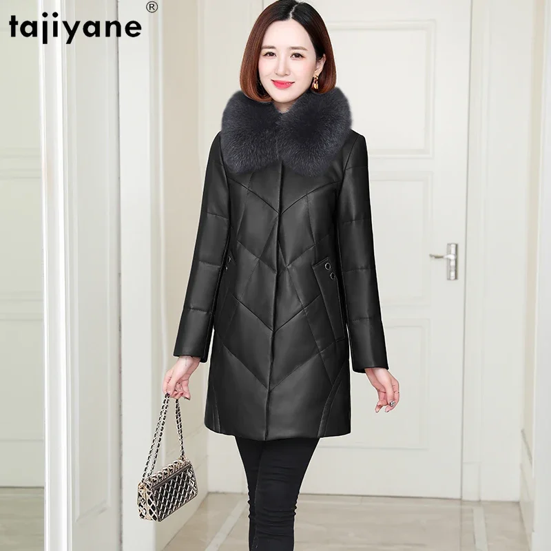 Tajeyane-Chaqueta elegante de piel auténtica para mujer, abrigos de plumón de pato blanco, Parkas de longitud media, cuello de piel de zorro, moda coreana, Invierno 90%