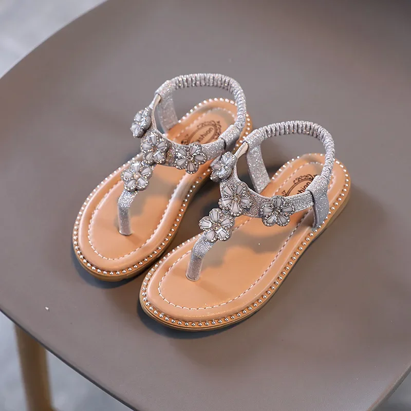 Little Girl Sandal Summer Rhinestone Flower Children Princess Clip-toe Beach Sandals Fashion Sequins Kids Causal Flat Flip Flops