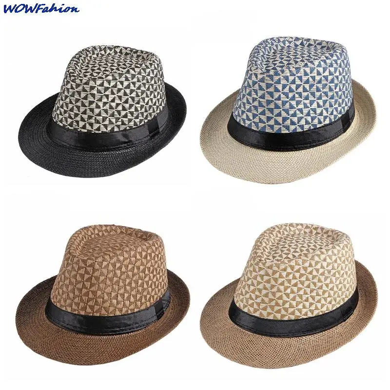 Wowfashion Men Black Ribbon Straw Fedora Hat Summer Outdoor Sunhat Breathable Beach Weave Color Block Jazz Hat