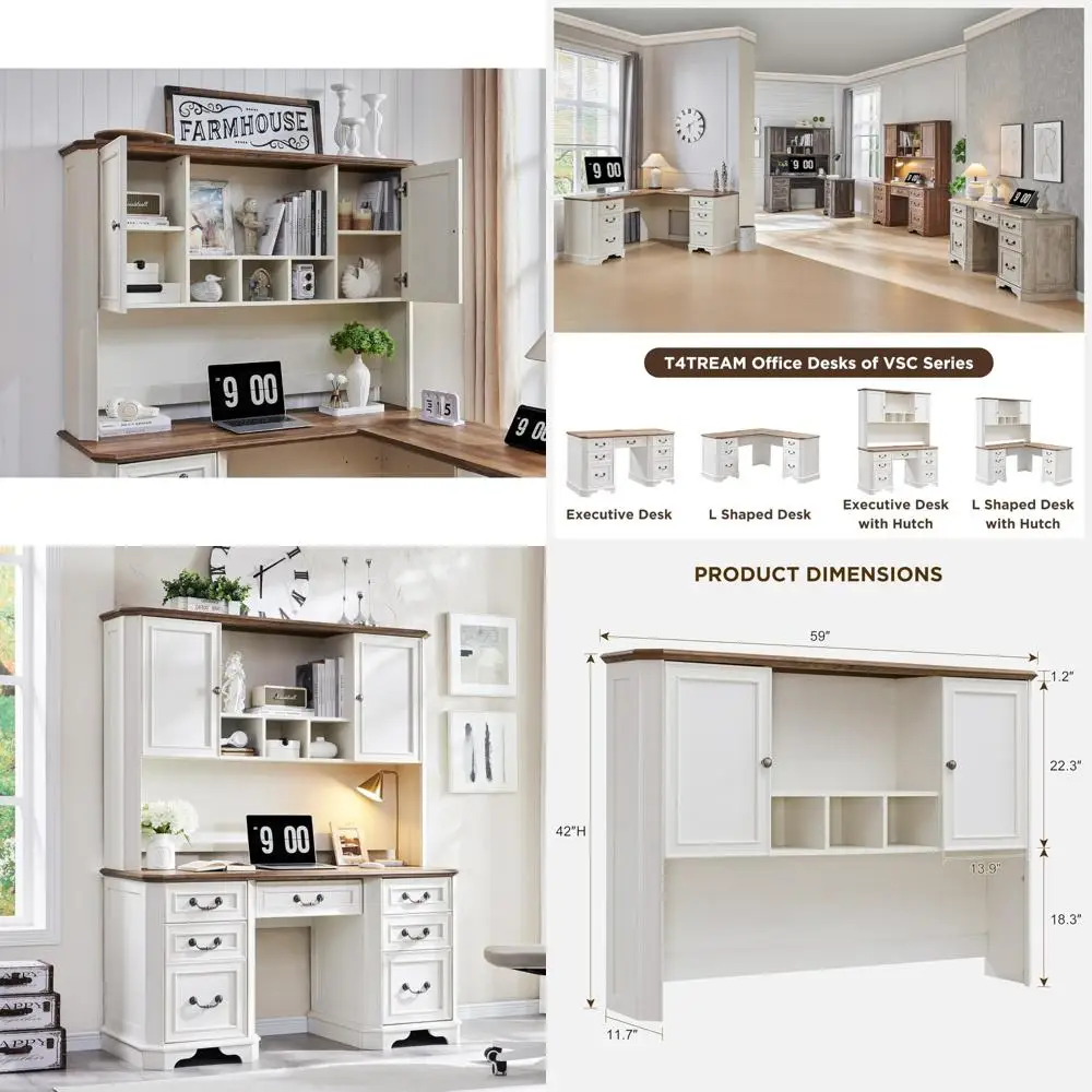 مكتب المزرعة من سلسلة VSC مع مساحة تخزين كبيرة، متطابق مع قبعة مكتب المكتب المنزلي باللون الأبيض العتيق #1