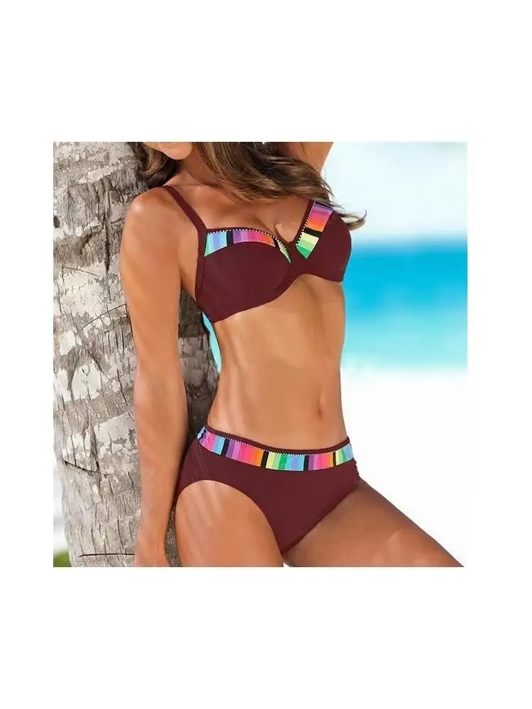 Sexy plus Size Two Piece Bikini Fashionable Large Size Swimsuit with Removable Chest Pad Quick Dry Geometric Pattern for Chil...