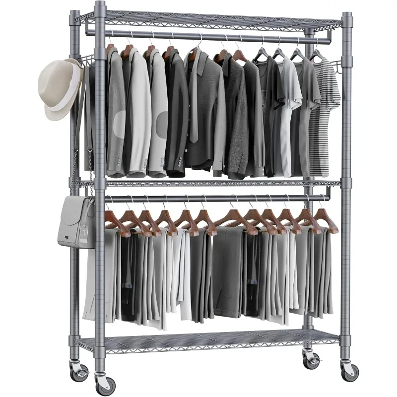 2025  (One Pair Hook and Two Hanging Rods Gray)3 Shelves Wire Shelving   Rack with Wheels and Side Hooks