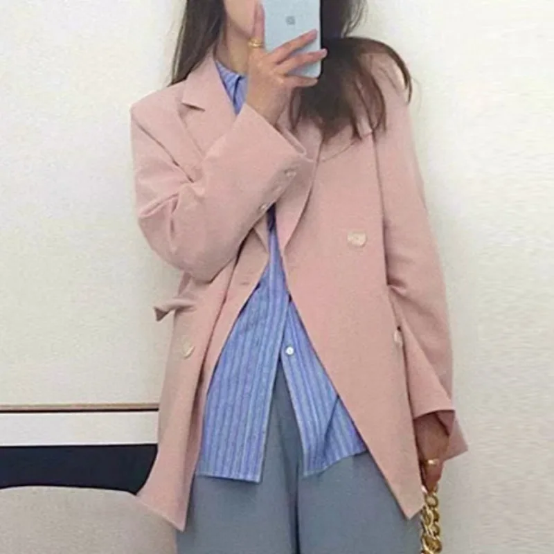 Pink Blazers for Women Casual Ins New Popular Long Sleeve Notched Sweet Cool College Single Breasted All-match Spring Autumn