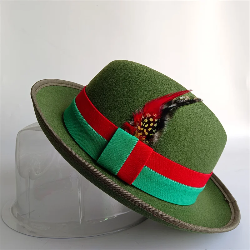 Chapeau de burger pour hommes 13 couleurs avec plume et bande élastique nouveau style chapeau fedora unisexe noeud papillon pour hommes chapeau en feutre doux fedora pour femmes