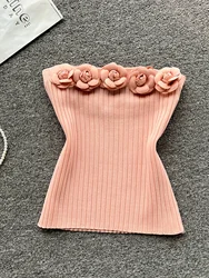 2024 Pink Solid Sexy Off Shoulder Knitted Tube Top for Women Perfect for Spring and Summer Fashion Crop Top Camis