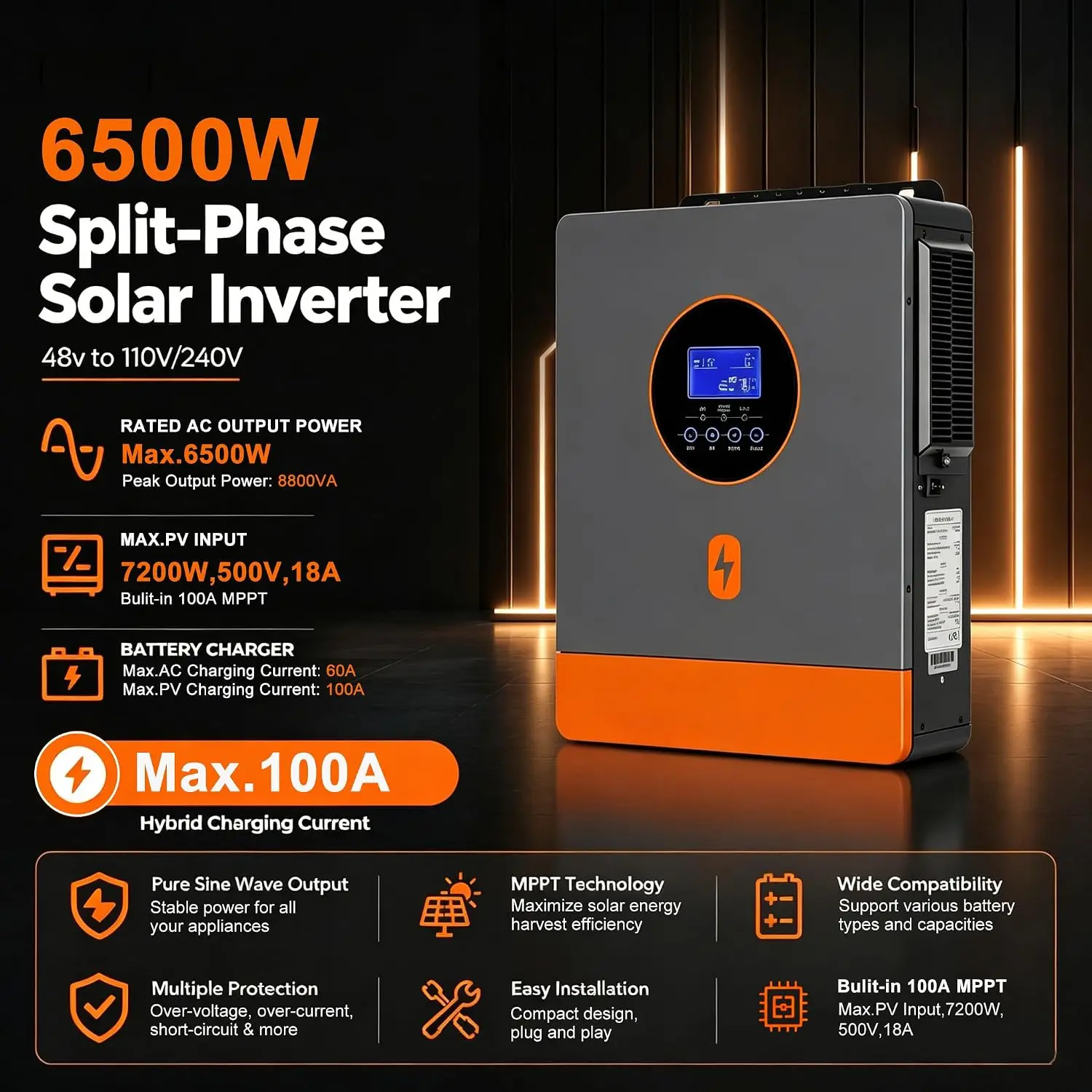 PowMr 6.5KW Split Phase Inverter 48V 110V or 220V with MPPT 100A Solar Battery Charger RS485 CAN Max PV Array Power 7200W image 7