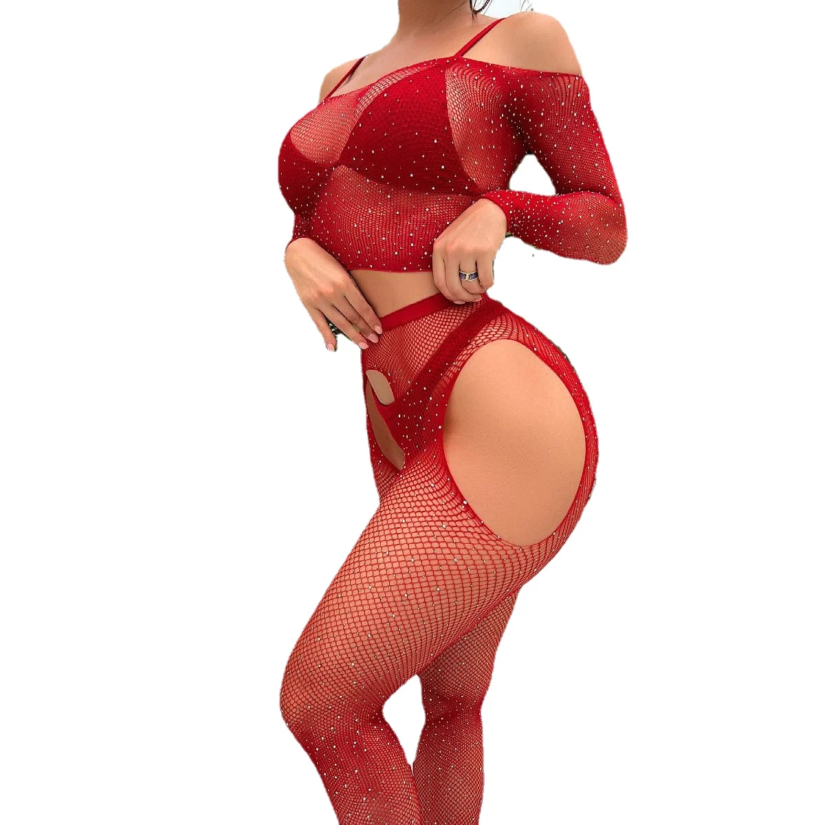 

2023 New Sexy Bodysuit Lingerie Hollow Out Temptation Bodystocking Rhinestone Split Women's Exotic Apparel Open Crotch Pantyhose
