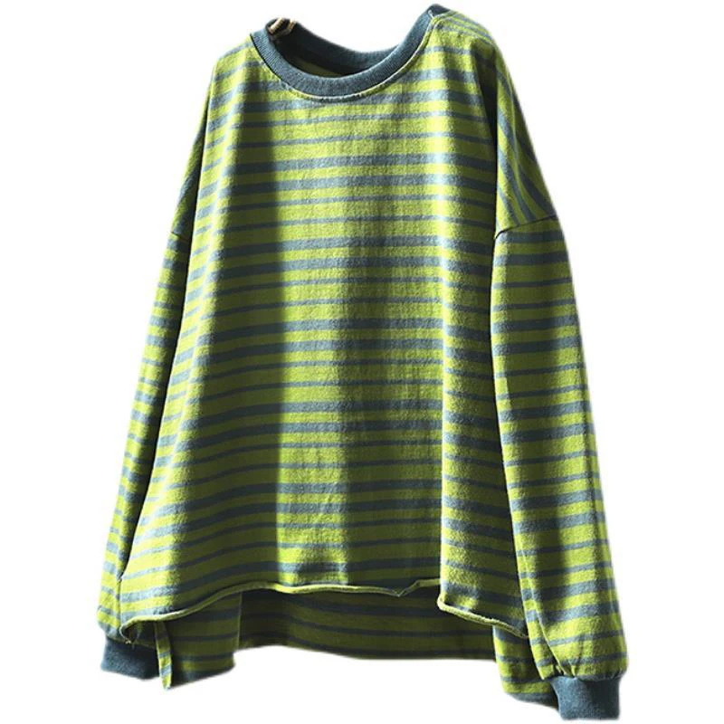 2022 Spring New Arts Style Women Long Sleeve Loose Striped Tee Shirt Femme Tops 100% Cotton Casual O-neck T-shirt V997